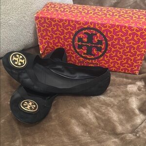 Tory Burch Black Flats with Gold Logo